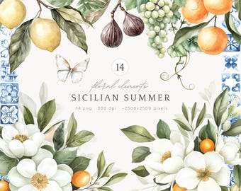 Aquarel Siciliaanse zomer bloemstukken clipart, Amalfi bloemen DIY PNG, Italiaanse zomercitroenen bloemen citrus druiven, digitale download