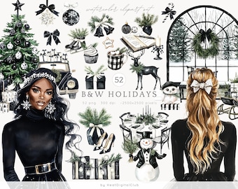 Watercolor Black and White Christmas Clipart, Winter Holiday PNG (Digital Download)