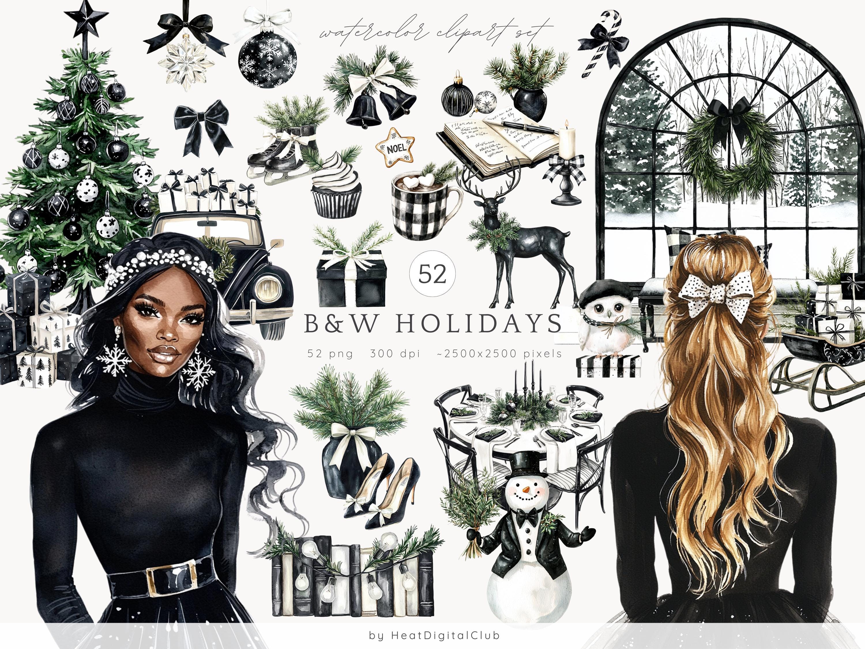 Watercolor Black and White Holidays ClipArt, Cozy Winter Clip Art Bundle,  Christmas PNG, Winter PNG, Cottagecore clipart, Digital Download, image size:3000x2250