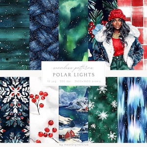 May include: A collection of seamless patterns with a winter theme. The patterns include watercolor illustrations of snowflakes, berries, and a woman in winter attire. The text "POLAR LIGHTS" is displayed on a white rectangle.