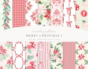 Watercolor Christmas Seamless Patterns, Grandmillennial Holiday (Digital Download)