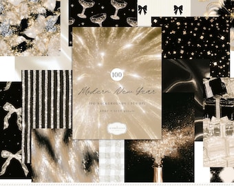 100 Modern New Year JPG  Backgrounds, Black Gold Silver Party Holiday Digital Paper Collection, Digital Download
