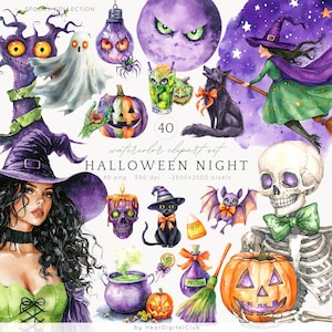 Watercolor Halloween Night Clipart, Spooky Creepy Halloween Clip Art, Creepy Cute Halloween PNG Bundle, Commercial Use, Digital stickers