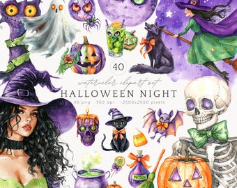 Imágenes prediseñadas de Halloween en acuarela, paquete de imágenes PNG espeluznantes (descarga digital)