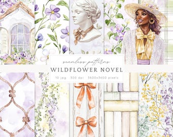 Watercolor Wildflower Novel Seamless Patterns, Floral Rustic JPEG, Cottagecore, Books, Flowers,  Digital Repeating pattern, Scrapbook Paper