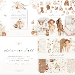 Op de afbeelding: Een digitale kunstcollectie met een Bohemian Fall-thema. De afbeelding bevat aquarel illustraties van botanische elementen, bloemstukken, frames, clipart sets, naadloze patronen en pompoenen. De tekst bevat "Bohemian Fall" en "HEATDIGITALCLUB".