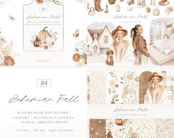 Bohemian Fall Watercolor Clipart Bundle, Boho Autumn Graphics, Floral Arrangements (Digital Download)
