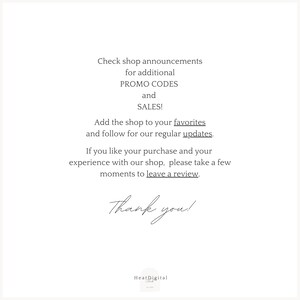 May include: A white background with black text. The text includes shop announcements, promo codes, sales, and a thank you message. The shop name "Heat Digital" is at the bottom.