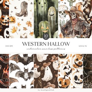 Watercolor Halloween Western Patterns,Spooky Gothic Floral JPEG, Skull, Ghosts, Cactuses, Bats, Digital Repeating pattern, Scrapbook Paper