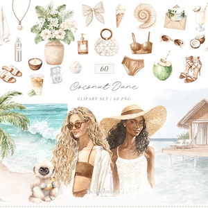 Akvarell neutral sommar clipart-paket, kokosdyn tropisk strand PNG (digital nedladdning)
