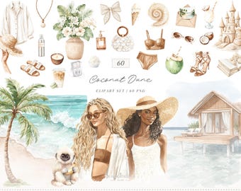 Watercolor Coconut Dune Clipart, Tropical Summer Clipart, Beach Aesthetic, Neutral Coastal Elements, Resort Vacation PNG, Digital Download