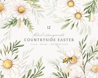 Watercolor Easter Daisy Floral Clipart, Countryside Bouquet (Digital Download)