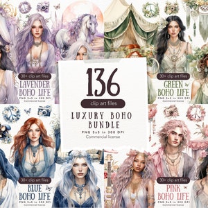 Imágenes prediseñadas de estilo bohemio de lujo con acuarela, imágenes prediseñadas PNG de estilo cottagecore, gráficos de estilo boho chic, paquete étnico boho, estilo de vida vintage