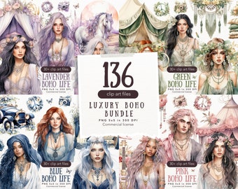 Imágenes prediseñadas de estilo bohemio de lujo con acuarela, imágenes prediseñadas PNG de estilo cottagecore, gráficos de estilo boho chic, paquete étnico boho, estilo de vida vintage