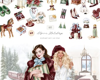 Watercolor Christmas Clipart Bundle, Alpine Holidays Luxury Winter Hotel PNG Collection (Digital Download)