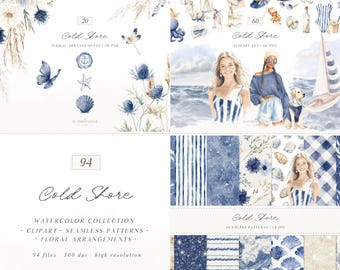 Watercolor Cold Shore Clipart, Navy Coastal Girls PNG, Summer Beach Clipart, Nautical Graphics, Blue Sea Fashion PNG Set, Digital Download