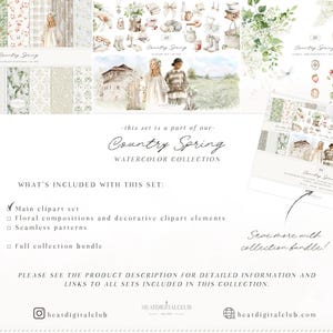 Pu&ograve; includere: Una collezione d'arte digitale "Country Spring" con illustrazioni ad acquerello. L'immagine include vari set di clipart, composizioni floreali, motivi senza cuciture e un pacchetto collezione completo. Il testo dice "Save more with collection bundle!"