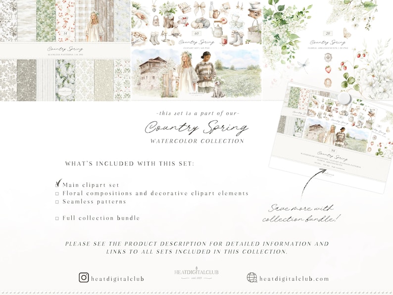 Pu&ograve; includere: Una collezione d'arte digitale "Country Spring" con illustrazioni ad acquerello. L'immagine include vari set di clipart, composizioni floreali, motivi senza cuciture e un pacchetto collezione completo. Il testo dice "Save more with collection bundle!"