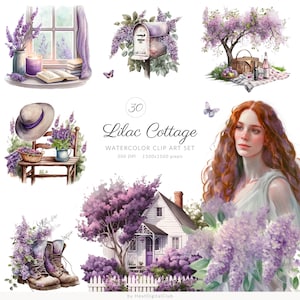 30 elementos de la vida en la cabaña de acuarela de color lila, imágenes prediseñadas de Cottagecore vintage, vida en la cabaña, vida en la granja, campo, vida vintage, PNG