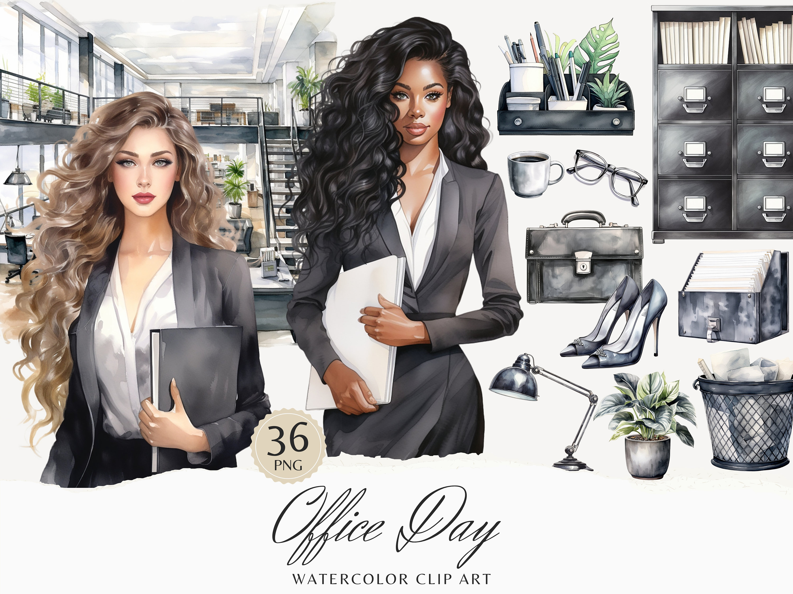 Watercolor Office Day Clip Art, Office Clipart, Business Girl Illustration, Office Clip Art Stickers, Girl Boss Cliparts, Instant Download