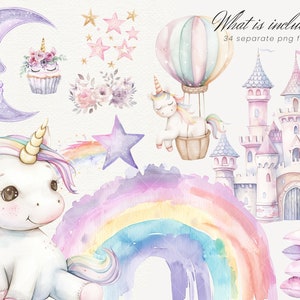 K&ouml;nnte beinhalten: Ein Aquarell-Illustrationsset mit einem Einhorn, einem Regenbogen, einem Schloss, einem Hei&szlig;luftballon, Sternen und einem Cupcake. Das Set ist perfekt, um fantasievolle Designs f&uuml;r Kinderprodukte zu erstellen.