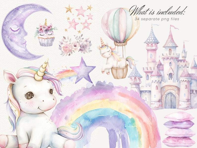 K&ouml;nnte beinhalten: Ein Aquarell-Illustrationsset mit einem Einhorn, einem Regenbogen, einem Schloss, einem Hei&szlig;luftballon, Sternen und einem Cupcake. Das Set ist perfekt, um fantasievolle Designs f&uuml;r Kinderprodukte zu erstellen.