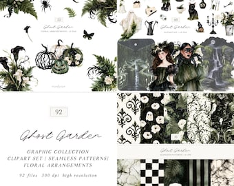 Watercolor Ghost Garden Clipart, Spooky Halloween Haunted Botanical PNG Clip Art, Digital Download