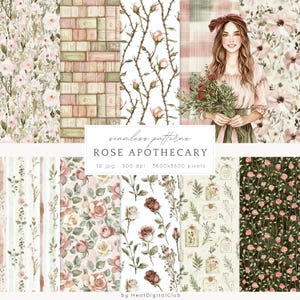 Motivi senza soluzione di continuità con rose acquerellate, motivi floreali e botanici vintage in formato JPG, prato botanico, erbe aromatiche, motivo floreale digitale ripetuto