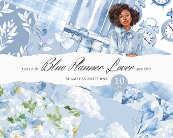Watercolor Blue Seamless Patterns, Floral, Plaid (Digital Download)