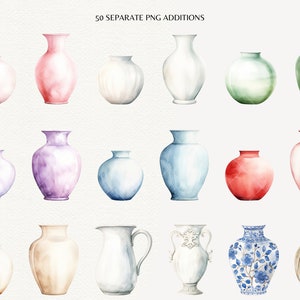 May include: A collection of 15 watercolor painted ceramic vases in various shapes and colors, including pink, purple, blue, green, white, and red.