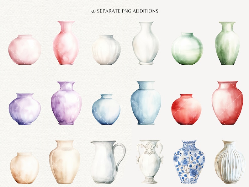 May include: A collection of 15 watercolor painted ceramic vases in various shapes and colors, including pink, purple, blue, green, white, and red.