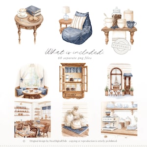 May include: Watercolour illustrations depicting cafe scenes, featuring a small table with a coffee cup and books, a beanbag chair, and coffee-related items. The image includes the text "What is included: 60 separate png files."