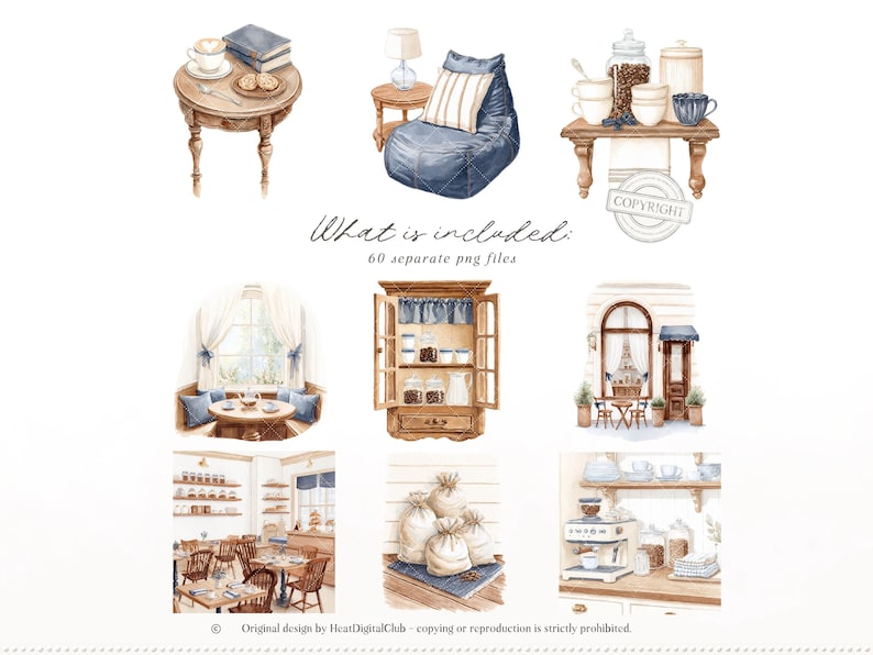 May include: Watercolour illustrations depicting cafe scenes, featuring a small table with a coffee cup and books, a beanbag chair, and coffee-related items. The image includes the text "What is included: 60 separate png files."