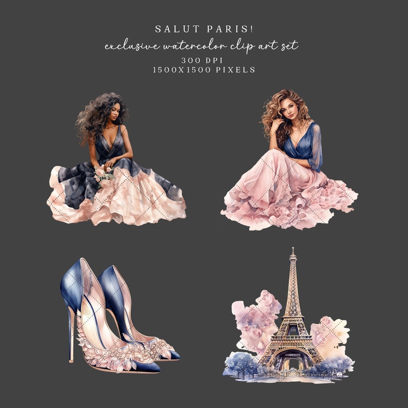 May include: A digital illustration set featuring two women in elegant dresses, a pair of high-heeled shoes, and the Eiffel Tower. The women are depicted in a watercolor style with pink and blue tones. The shoes are navy blue with pink embellishments. The Eiffel Tower is rendered in a gold and brown color scheme.