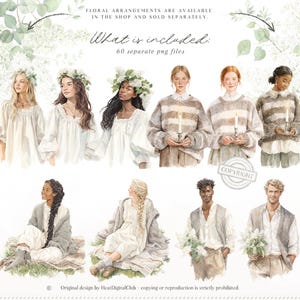 Pu&ograve; includere: Illustrazione ad acquerello di persone in varie pose e abiti, tra cui abiti e maglioni, alcune con fiori. L'immagine include il testo "FLORAL ARRANGEMENTS ARE AVAILABLE IN THE SHOP AND SOLD SEPARATELY" e "What is included: 60 separate png files."