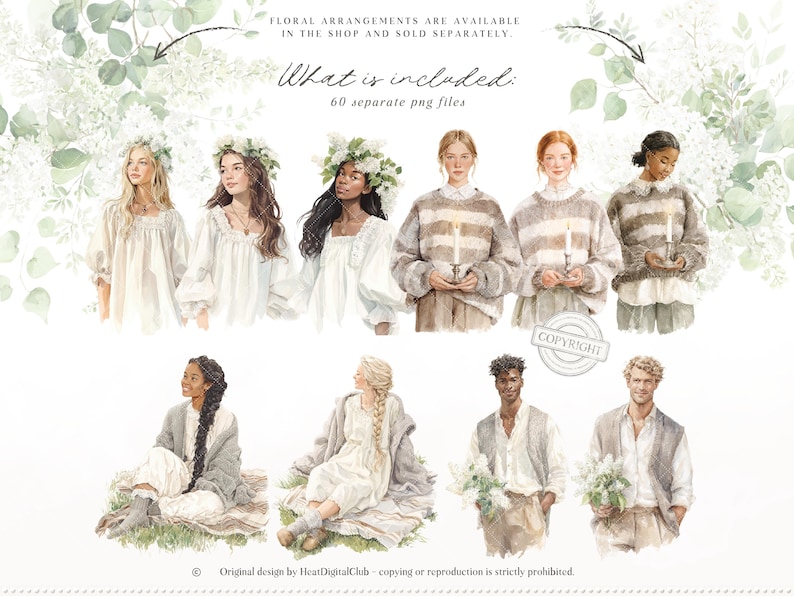 Pu&ograve; includere: Illustrazione ad acquerello di persone in varie pose e abiti, tra cui abiti e maglioni, alcune con fiori. L'immagine include il testo "FLORAL ARRANGEMENTS ARE AVAILABLE IN THE SHOP AND SOLD SEPARATELY" e "What is included: 60 separate png files."