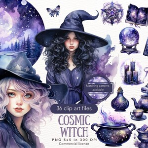 Aquarell kosmische Hexe Clipart Bundle, himmlische Magie Hexe Clip Art PNG, verträumte PNG, heidnischer digitaler Download Aufkleber kommerzielle Nutzung