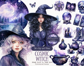 Watercolor Cosmic Witch Clipart Bundle, Celestial Magic Witch clip art PNG, Dreamy PNG, Pagan Digital Download Stickers Commercial Use