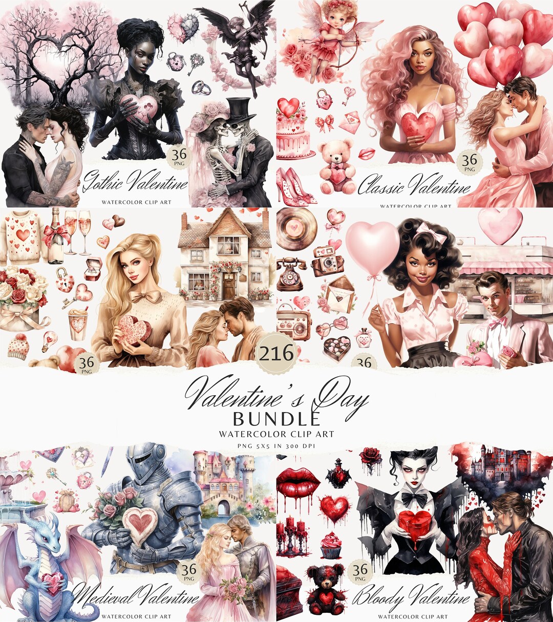 Watercolor Valentine Clipart Mega Bundle, Valentines Day Clip Art PNG ...