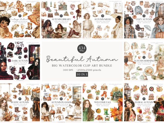 Watercolor Autumn Clipart Bundle, Cozy Fall PNG Images (Digital Download)