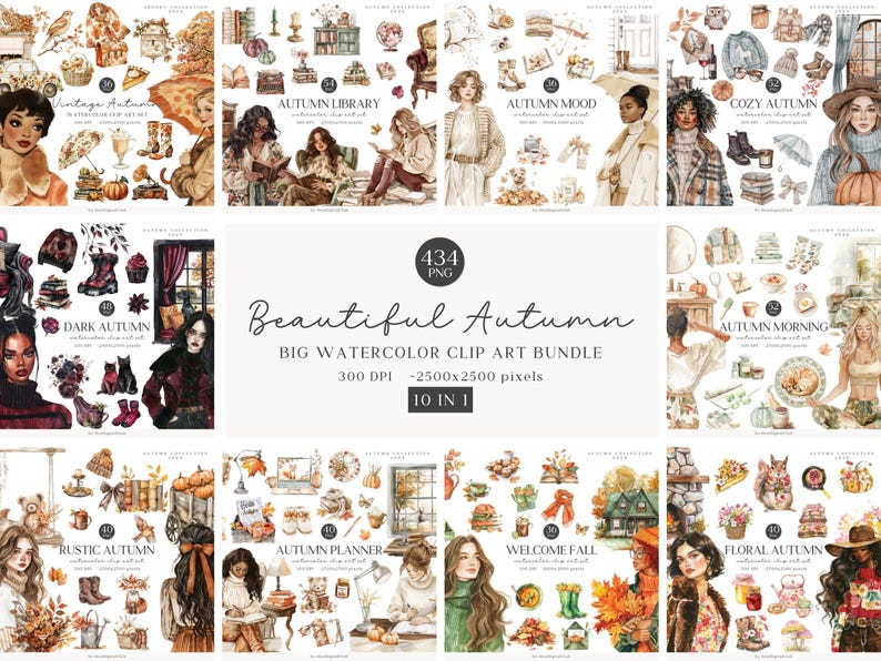 May include: A digital art bundle titled "Beautiful Autumn" featuring watercolor clip art. The image showcases various autumn-themed illustrations, including portraits, seasonal items, and text. The bundle includes 10 different sets of graphics.
