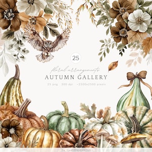 Aquarell Herbst Galerie Blumenarrangements Clipart, Herbstblumen PNG, braun grün beige Blumen, Kürbisse, elegante Thanksgiving Digital
