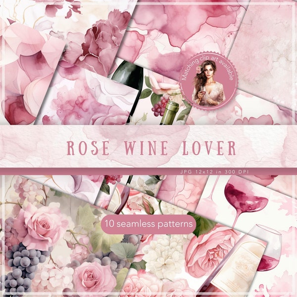 Watercolor Rose Wine Lover Seamless Patterns, Rose Grape Pattern JPEG, Cottagecore Digital Download, Repeating pattern, Scrapbook Paper