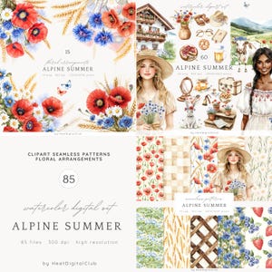 Imágenes prediseñadas de verano alpino en acuarela, imágenes prediseñadas de cabaña bávara, imágenes prediseñadas de chica de verano, naturaleza alpina, imágenes PNG de campo rústico, descarga digital