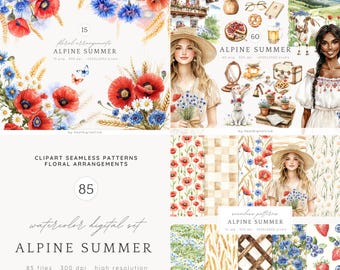 Aquarell Alpiner Sommer Clipart, Clipart Bayerisches Landhaus, Clipart Sommer, alpine Natur, rustikale Landschaft PNG, digitaler Download