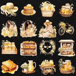 May include: A collection of watercolor illustrations featuring honey, bees, and floral elements. The illustrations include a hat, a stack of pancakes, a basket of flowers, a jar of honey, a bicycle, a shelf of honey jars, a wreath with a bee, a honey stand, a honeycomb, a pitcher of honey, a cart of honey jars, and a basket of honey jars.