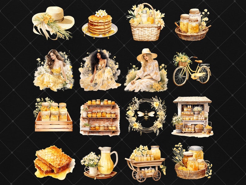 May include: A collection of watercolor illustrations featuring honey, bees, and floral elements. The illustrations include a hat, a stack of pancakes, a basket of flowers, a jar of honey, a bicycle, a shelf of honey jars, a wreath with a bee, a honey stand, a honeycomb, a pitcher of honey, a cart of honey jars, and a basket of honey jars.