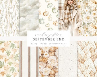 May include: A collection of seamless patterns with a fall theme. The patterns include pumpkins, leaves, clouds, and floral designs in shades of beige, brown, and green. The image also features a woman wearing a coat and scarf. The text "SEPTEMBER END" is displayed.