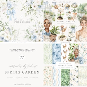 Aquarelle printemps jardin des cliparts, chalet printemps été jardin, printemps douillet PNG, PNG floral, autocollants numériques, scrapbooking, usage Commercial