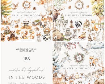 May include: A digital art set titled "In The Woods" featuring watercolor illustrations of woodland animals and seasonal themes. The image includes sets for fall, winter, and life in the woods, with various animals like bears, foxes, and deer.